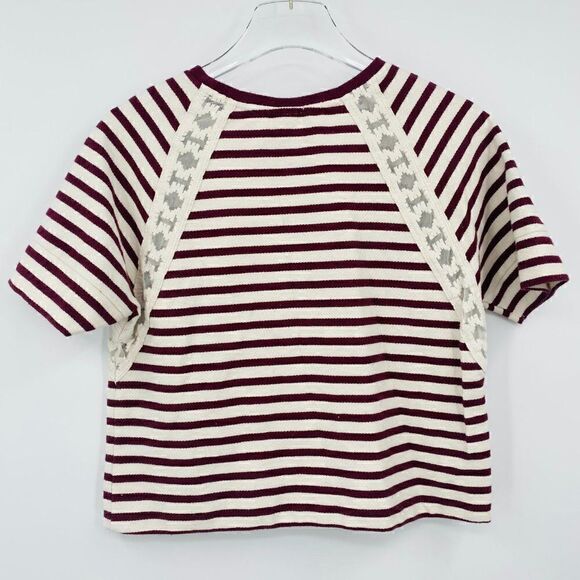 Old Navy Size XS Cream & Maroon Striped Lace Inset Short Sleeve Boxy Top - Picture 7 of 7